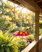 Outdoor nectar hummingbird feeder in a garden, lifestyle