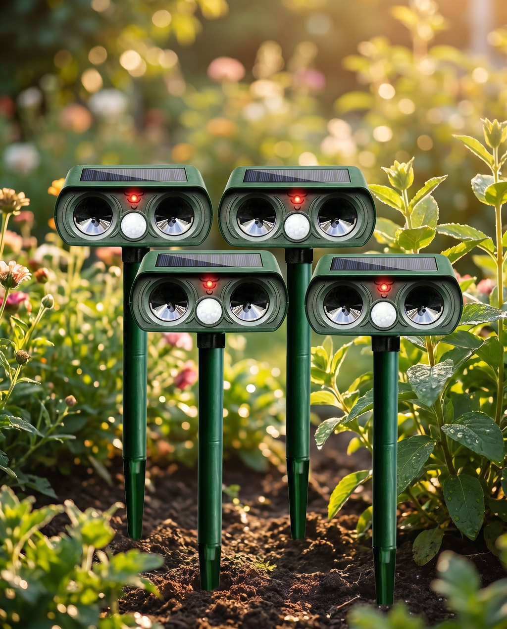 Solar motion-activated animal deterrent in a garden, lifestyle