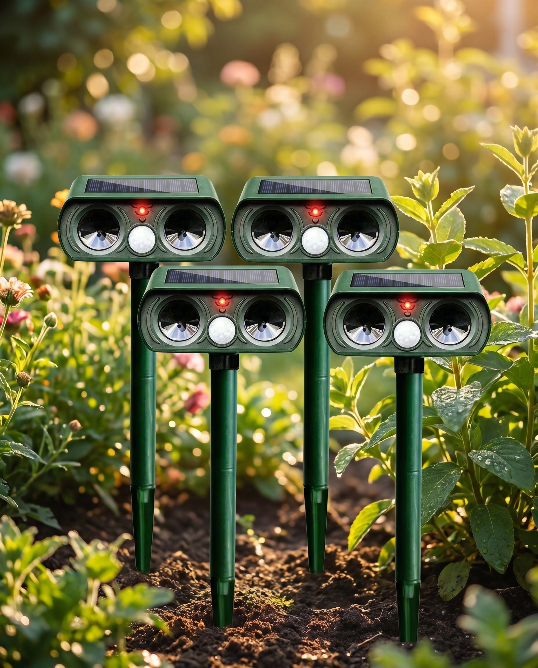 Solar motion-activated animal deterrent in a garden, lifestyle