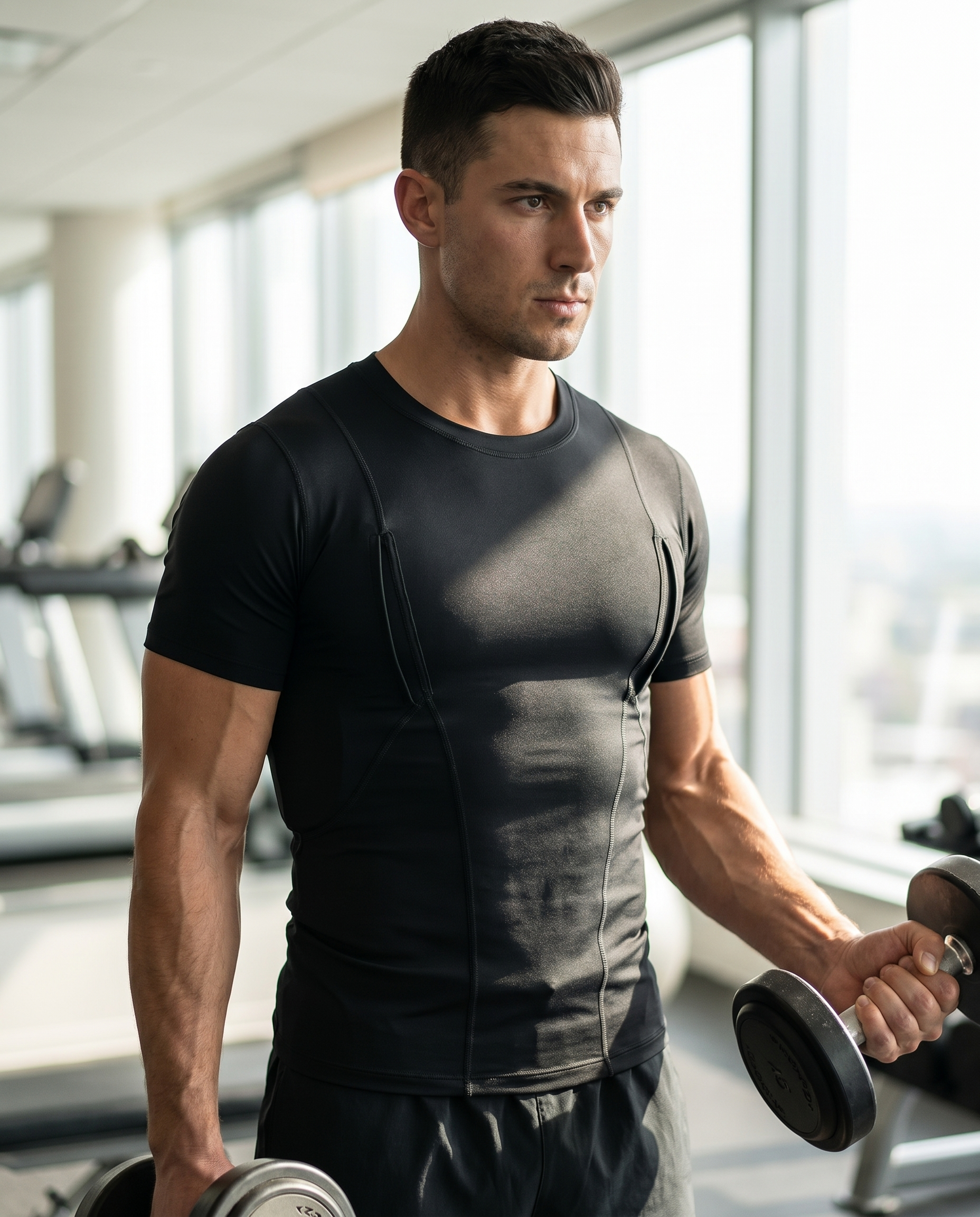 Compression base-layer shirt worn in a gym, lifestyle