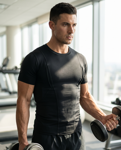 Person wearing a black concealed carry compression holster shirt
