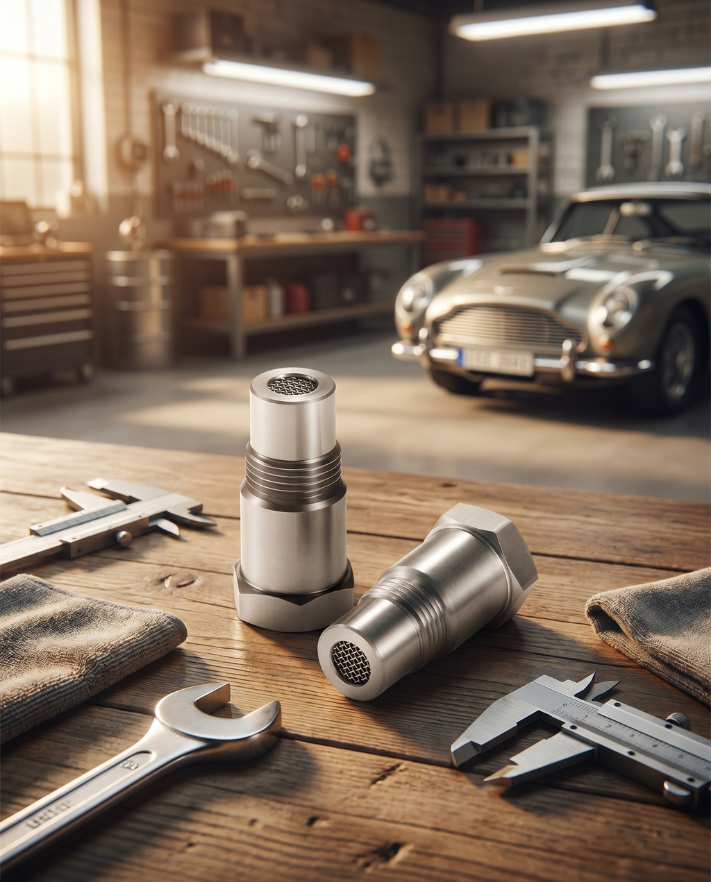 Car oxygen sensor adapter on a workshop bench, lifestyle