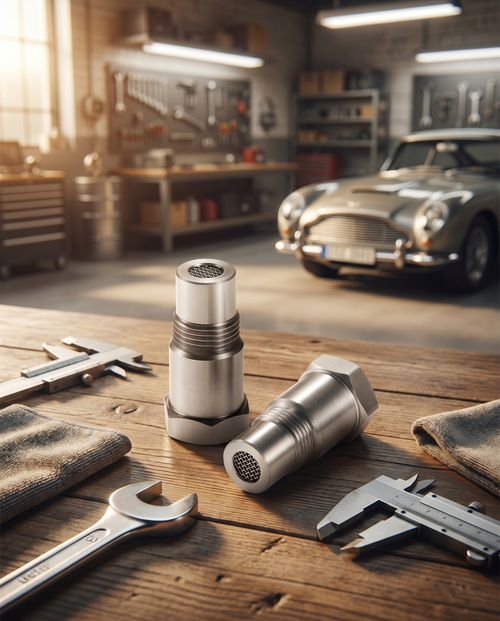 Car oxygen sensor adapter on a workshop bench, lifestyle