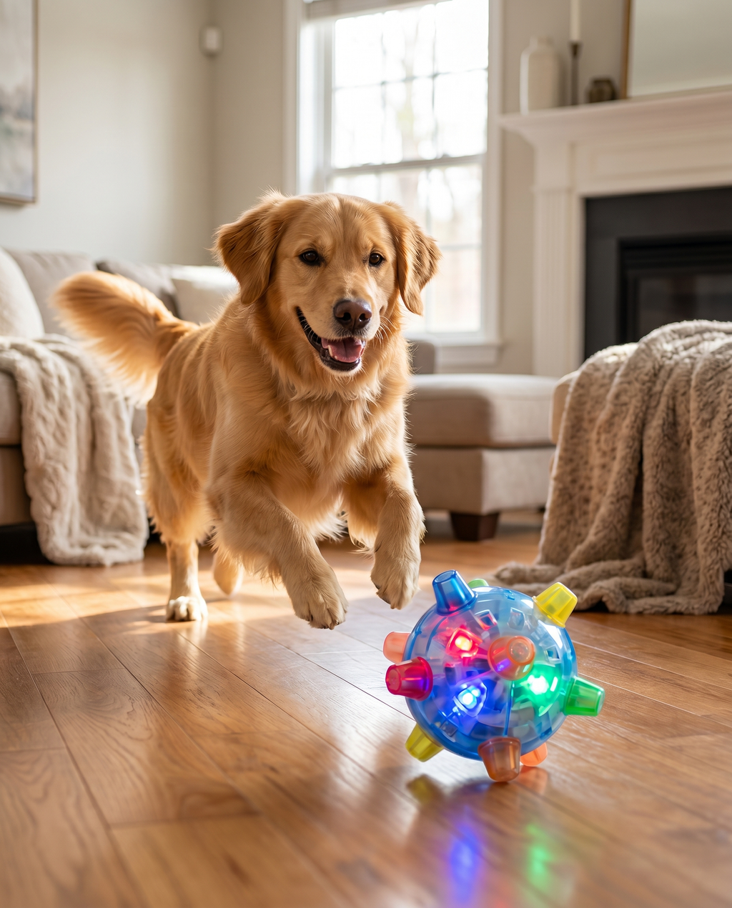 LED hopping ball dog toy with a dog, lifestyle