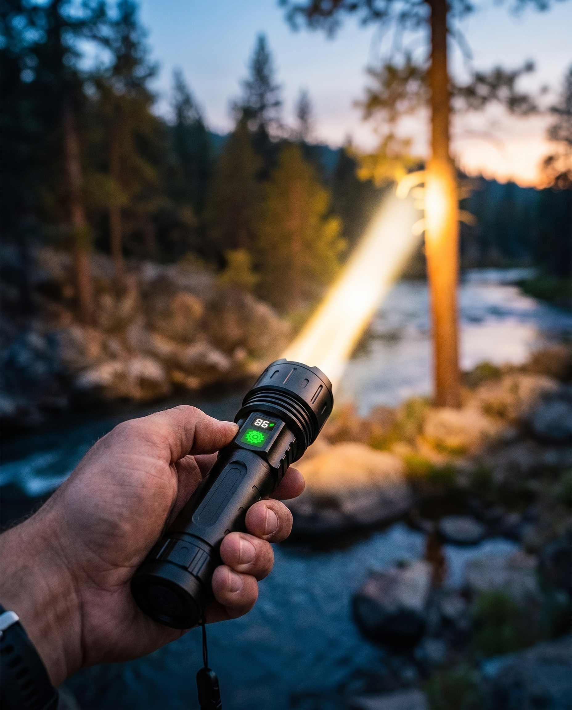 USB rechargeable flashlight beam outdoors, lifestyle