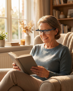 Dial-adjustable reading glasses worn reading, lifestyle