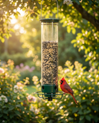 Weight-activated bird feeder in a garden, lifestyle