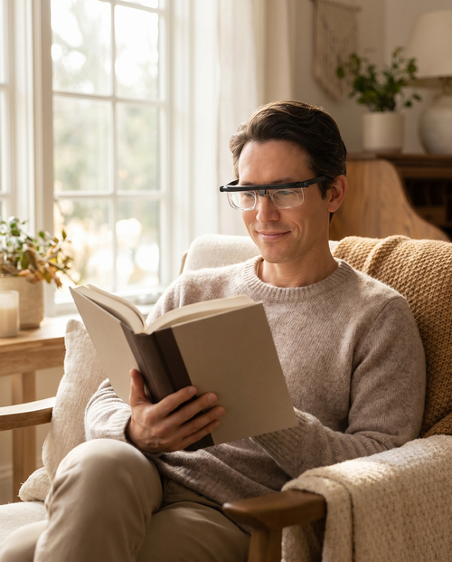 Adjustable vision glasses worn reading, lifestyle