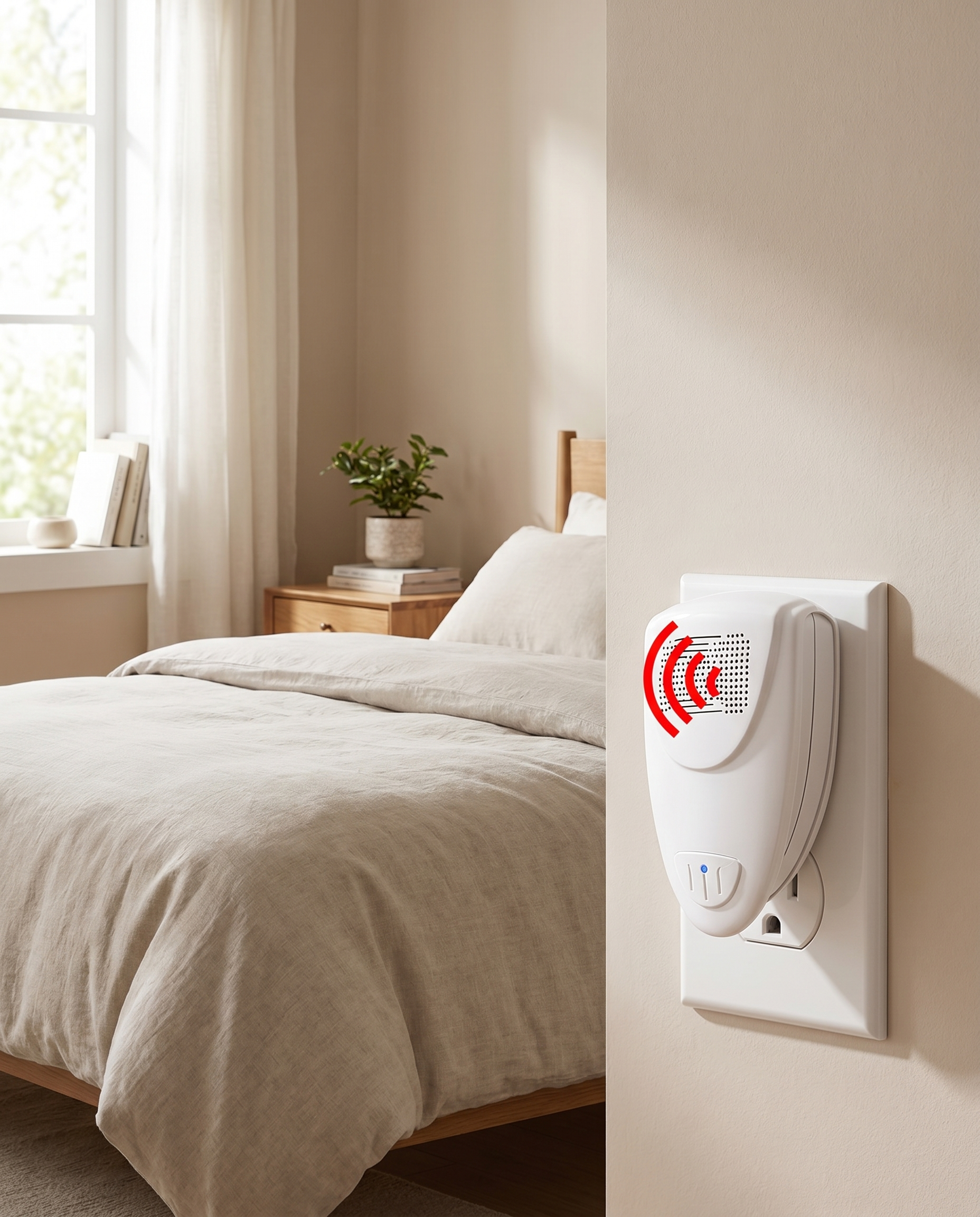 Plug-in ultrasonic pest deterrent in a bedroom, lifestyle