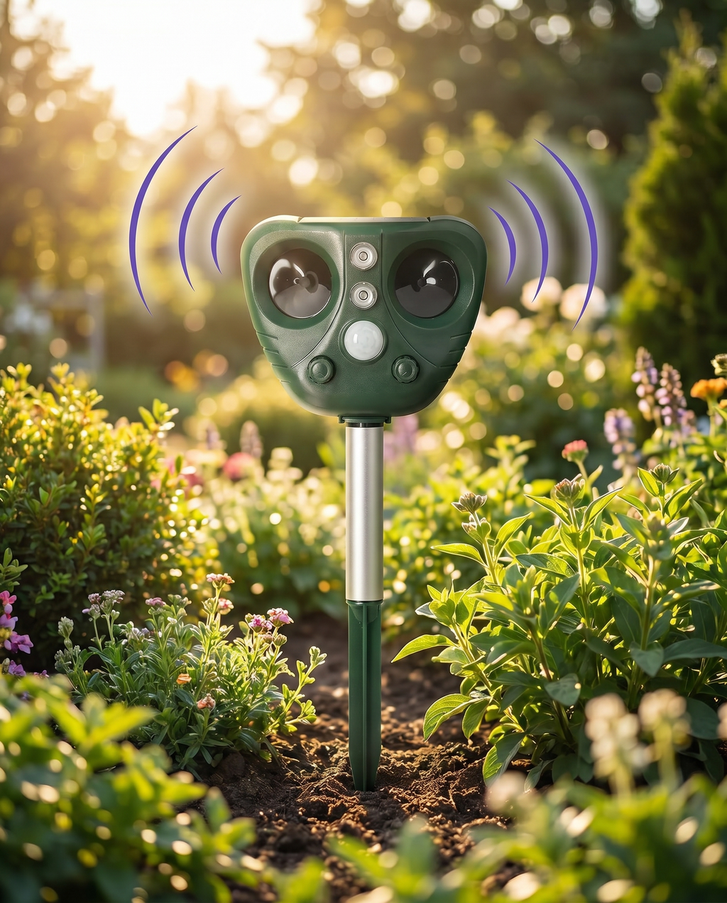Solar ultrasonic bird deterrent in a garden, lifestyle