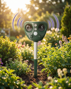 Solar ultrasonic bird deterrent in a garden, lifestyle