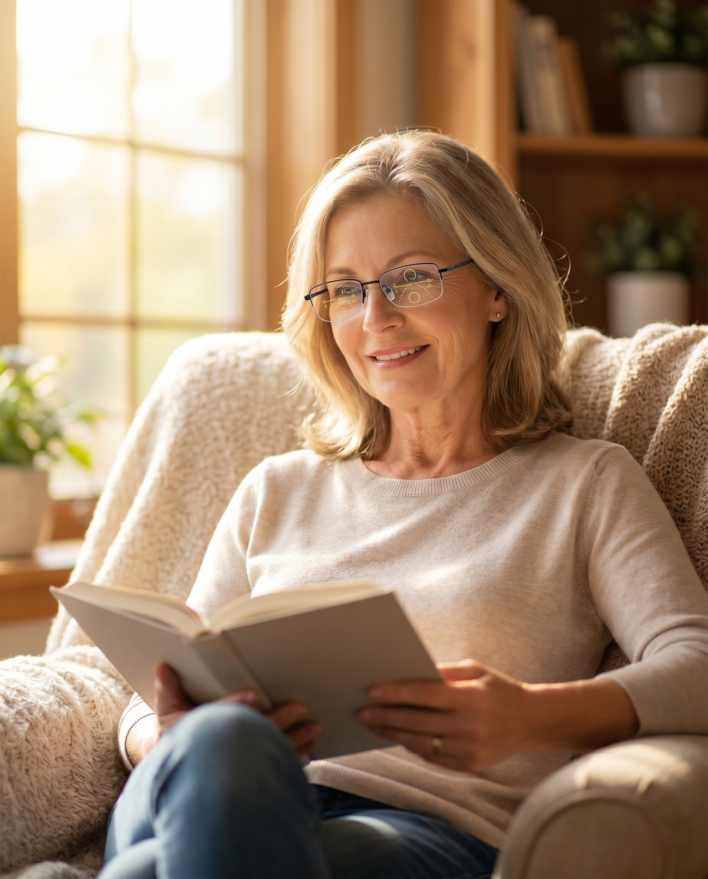 Progressive reading glasses worn reading, lifestyle