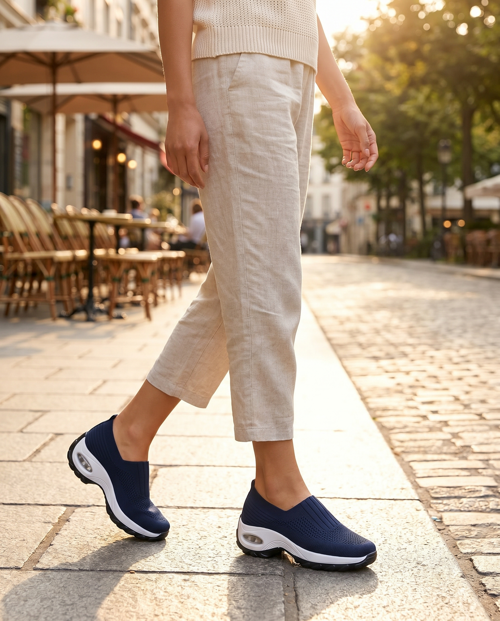 Women's slip-on comfort shoes worn walking, lifestyle