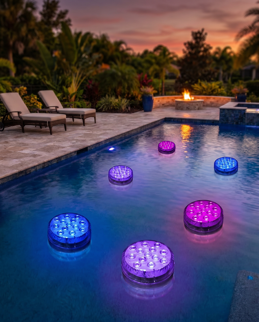 Floating pool lights glowing in a pool, lifestyle