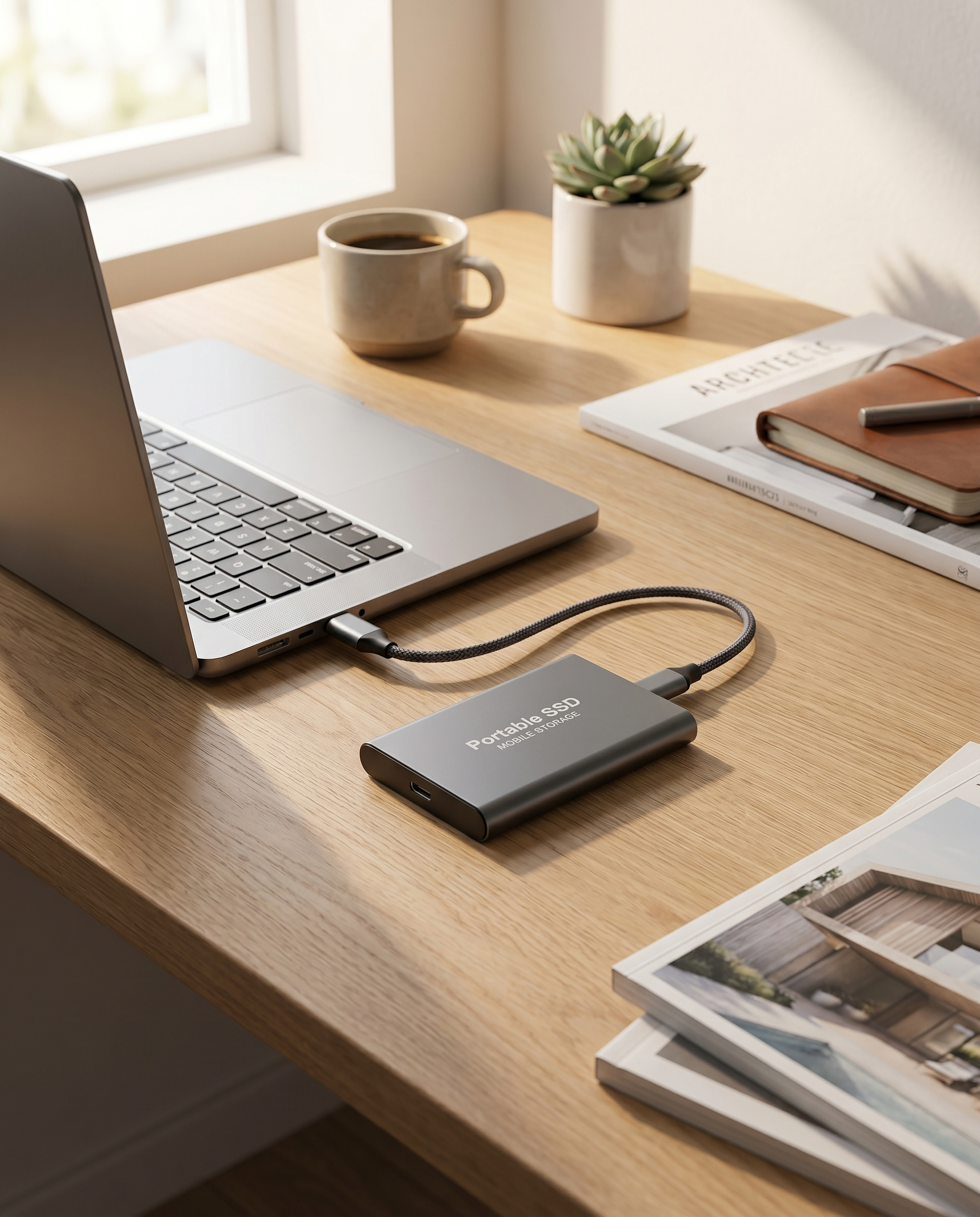 Rugged portable SSD connected to a laptop, lifestyle