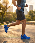 Men's supportive walking and running shoes worn jogging, lifestyle