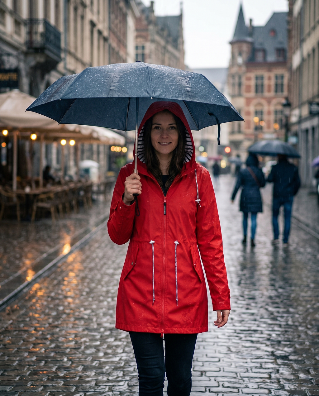 Long waterproof hooded rain jacket worn in the rain, lifestyle