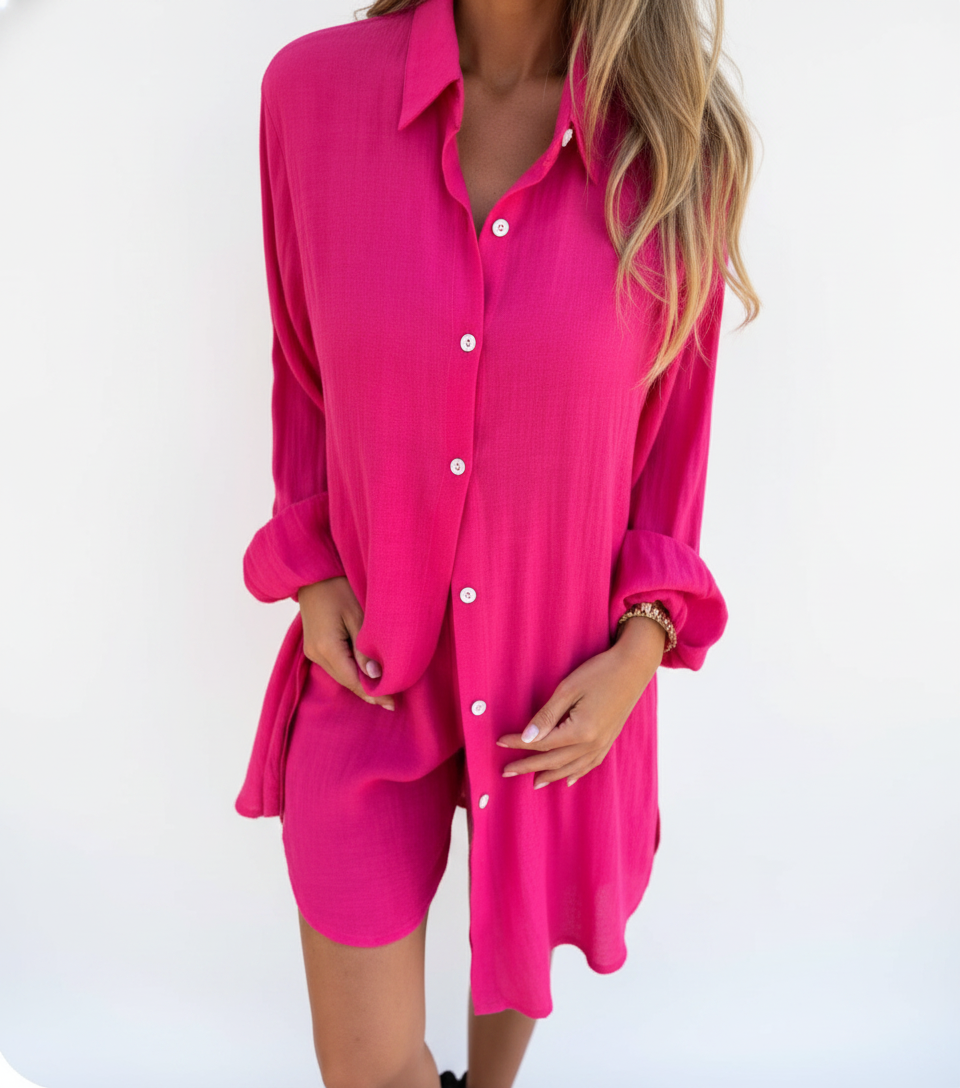 Women’s Two-Piece Linen Blend Set – Relaxed Oversized Shirt & Shorts Co-Ord Outfit, Eco-Friendly Breathable Summer Wear