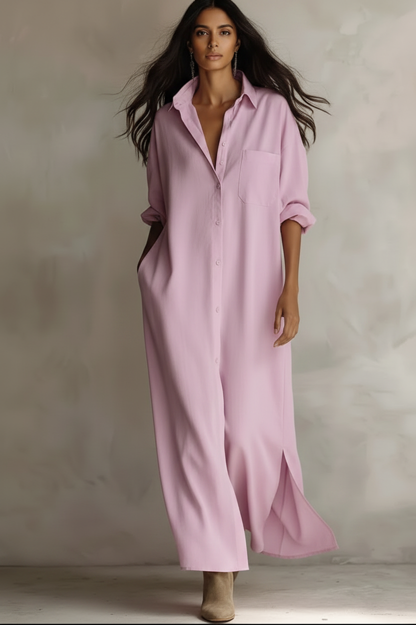 Women’s Minimalist Shirt Maxi Dress – Long Sleeve Buttoned Lapel Dress with Pockets