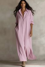 Women’s Minimalist Shirt Maxi Dress – Long Sleeve Buttoned Lapel Dress with Pockets