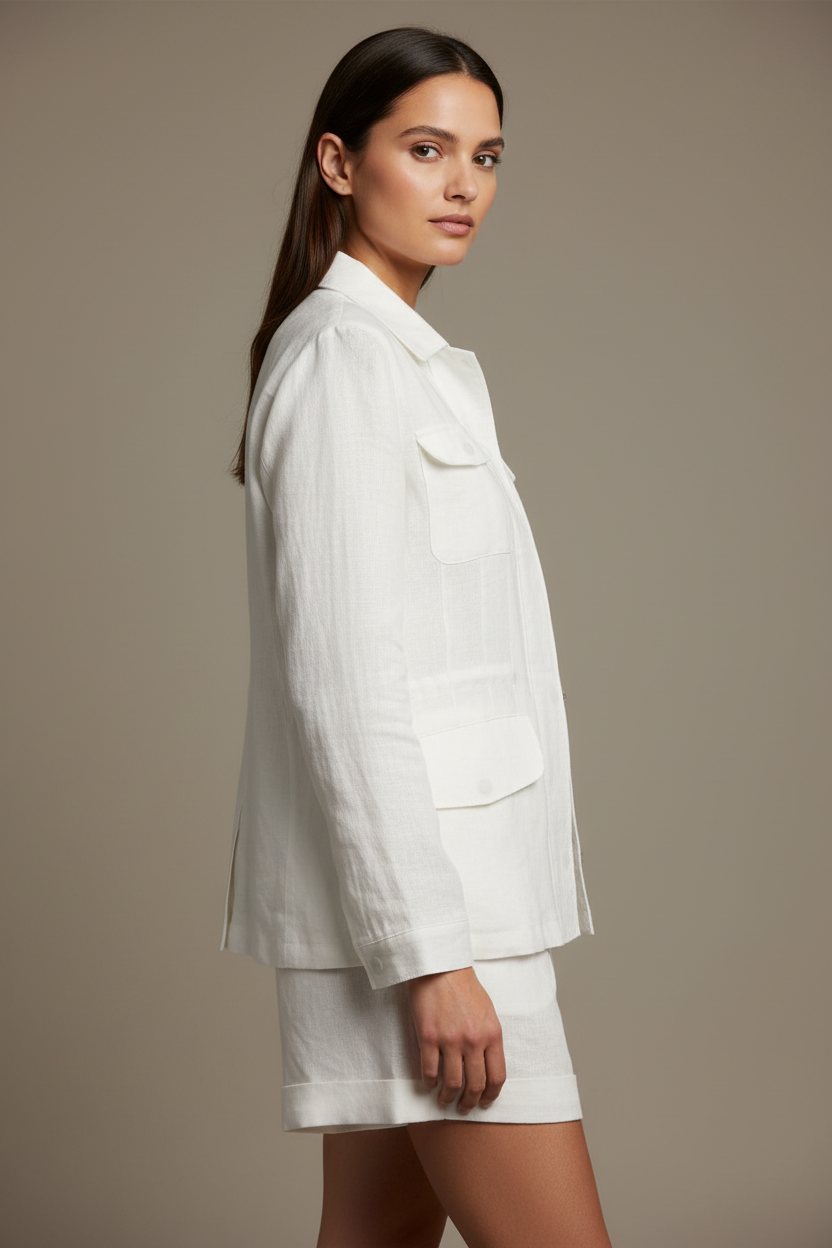 Women’s White Linen Two-Piece Set – Long-Sleeve Shirt & Shorts