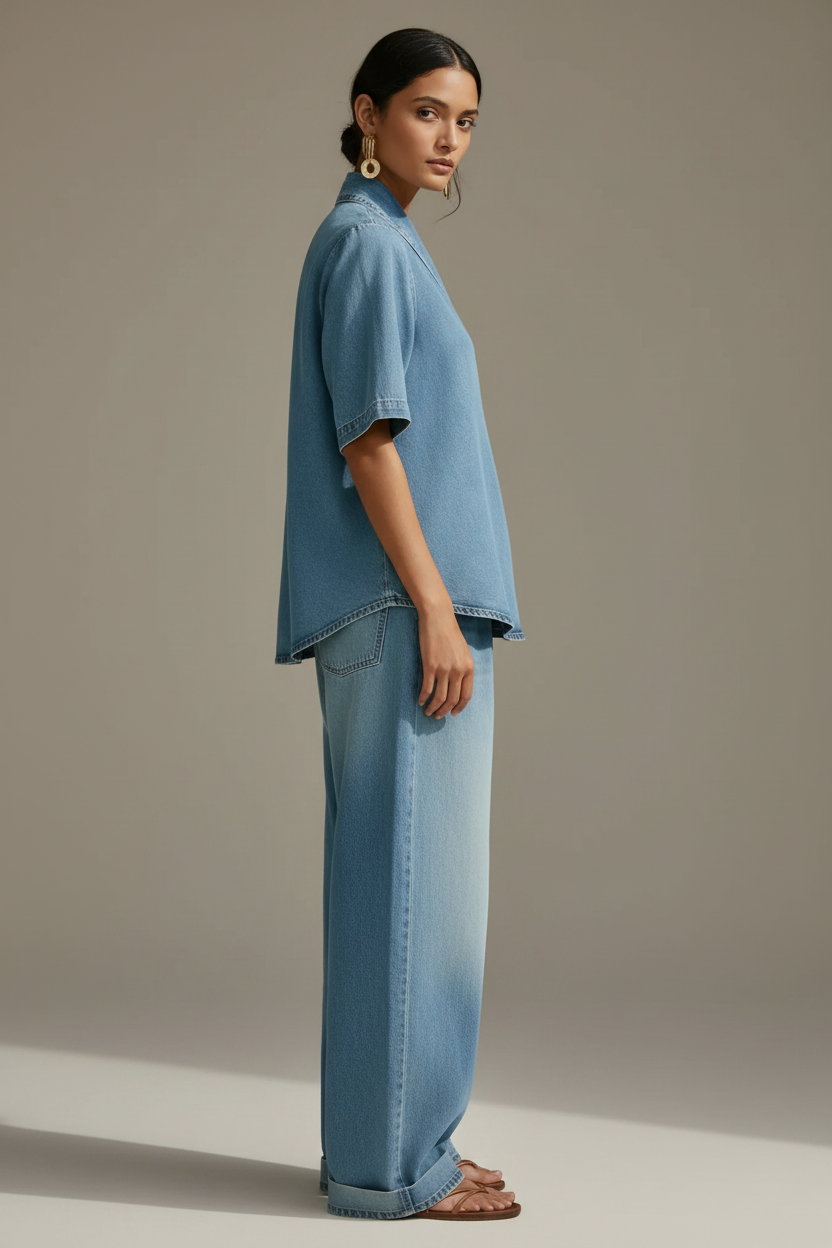 Women’s Vintage Washed Denim Two-Piece Set – V-Neck Top & Wide-Leg Pants