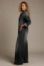 Women’s Retro Denim Jumpsuit – Long Sleeve Turn-Down Collar Single Breasted Loose Fit Ankle-Length (Casual Fashion)