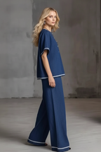 Women’s Contrast Color Two-Piece Set – Short Sleeve Crew Neck Top & High Waist Wide Leg Pants Casual Matching Outfit