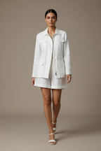 Women’s White Linen Two-Piece Set – Long-Sleeve Shirt & Shorts