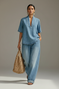 Women’s Vintage Washed Denim Two-Piece Set – V-Neck Top & Wide-Leg Pants