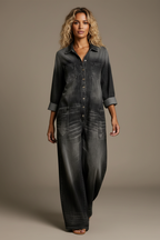 Women’s Retro Denim Jumpsuit – Long Sleeve Turn-Down Collar Single Breasted Loose Fit Ankle-Length (Casual Fashion)
