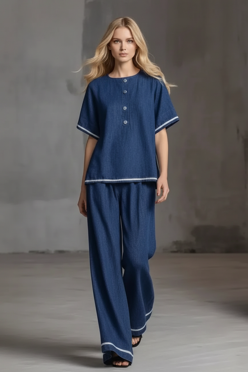 Women’s Contrast Color Two-Piece Set – Short Sleeve Crew Neck Top & High Waist Wide Leg Pants Casual Matching Outfit