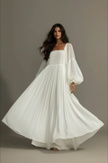 Women’s White Bohemian Maxi Dress – Square Neck High Waist Flowy Long Dress with Lantern Sleeves Elegant Party Gown