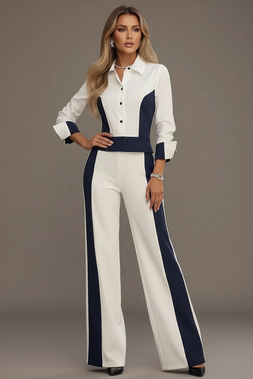 Women’s Elegant Contrast Color Lapel Blouse – Slim Fit Long Sleeve Office Business Shirt (2026 New)